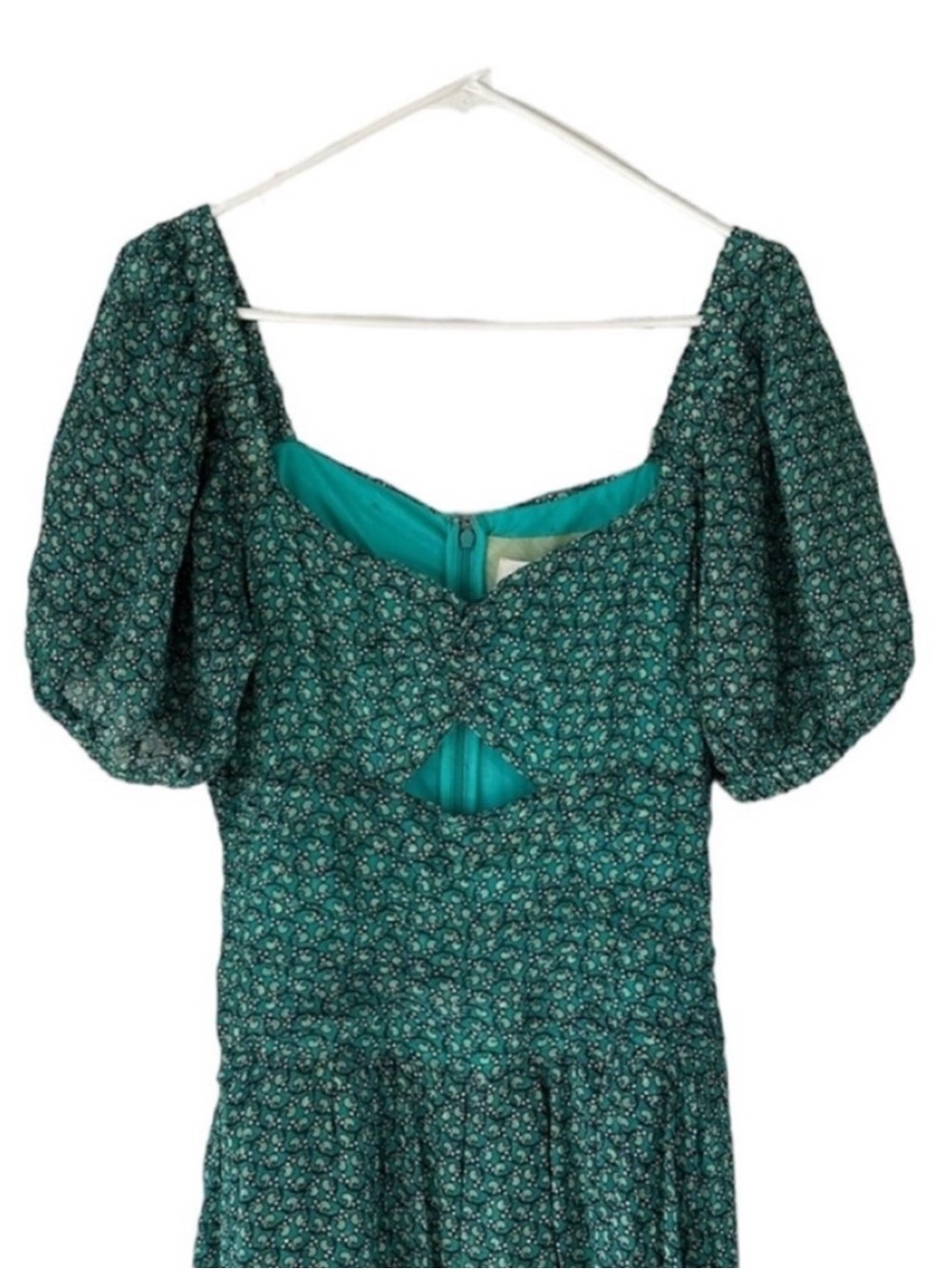 Anthropologie Puff-Sleeved Cut-Out Midi Dress size 14 Handkerchief Hem Plus Size - Picture 7 of 12